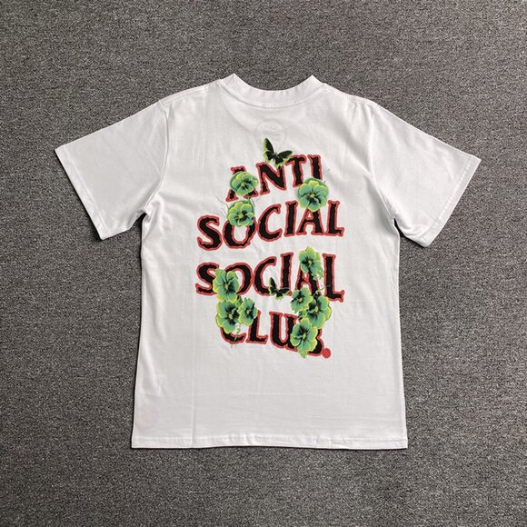 Anti Social Social Club White T Shirt With Green Leaves And Red Flowers Print